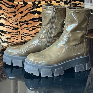 Shiny Vinyl Olive Green Platform Boots